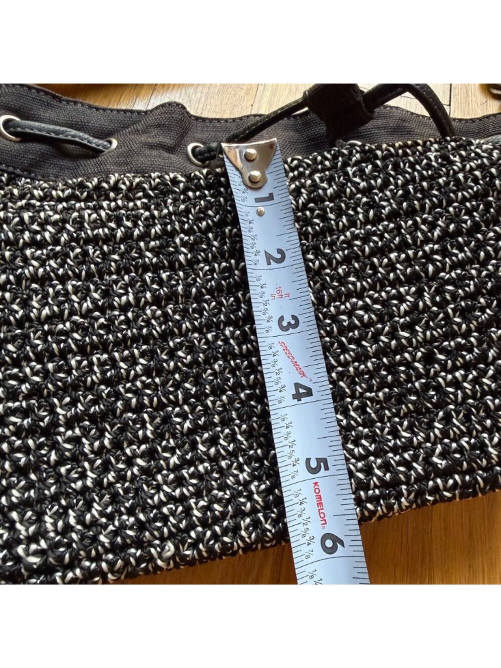 Crochet Boho The Sak 12"x10" Black & White Ukiah Crochet Drawstring Bucket Bag - Picture 7 of 15